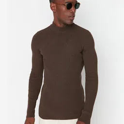 Trendyol Men Brown Ribbed Turtle Neck Pullover Sweater-image-50