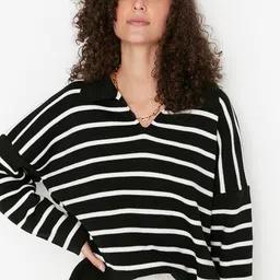 Trendyol Women Black & White Striped Pullover-picture-25