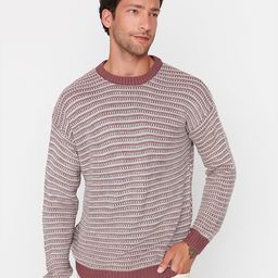 Trendyol Men Mauve & Off White Striped Acrylic Pullover Sweater-picture-12