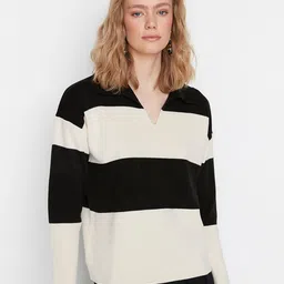 Trendyol Women Black & Beige Striped Acrylic Pullover-image-23