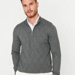 Trendyol Men Grey Self Design Pullover With Zip Detail-image-21