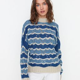 Trendyol Women Blue & Beige Pullover Sweater-image-42