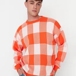 Trendyol Men Orange & White Checked Acrylic Pullover Sweater-image-11
