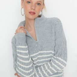 Trendyol Women Grey & White Striped Pullover-image-45