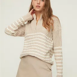 Trendyol Women Beige & White Striped Cable Knit Acrylic Pullover-image-53