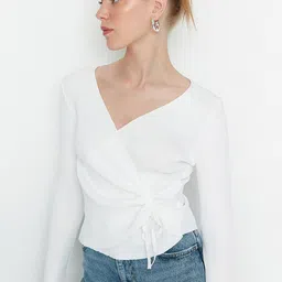 Trendyol Women White Ribbed Pullover-image-18