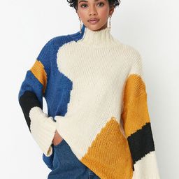 Trendyol Women Off White and Mustard Colourblocked Longline Pullover-picture-53