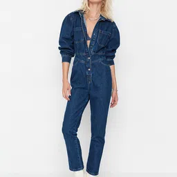 Trendyol Navy Blue Pure Cotton Solid Denim Basic Jumpsuit-picture-14