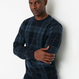 Trendyol Men Navy Blue & Blue Checked Pullover-image-18