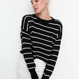 Trendyol Women Black & White Striped Acrylic Pullover Sweater-image-29