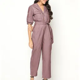 HOUSE OF S Shirt Collar Textured Waist Tie-Ups Cotton Basic Jumpsuit-image-98