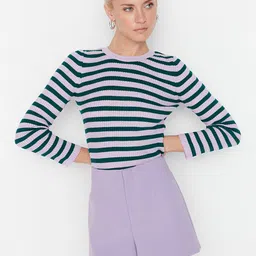 Trendyol Women Purple & Green Striped Acrylic Pullover-image-30