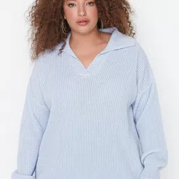 Trendyol Women Plus Size Blue Self Design Acrylic Pullover-picture-5