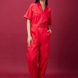 Globus Red Waist Tie-Ups Pure Cotton Basic Jumpsuit-24