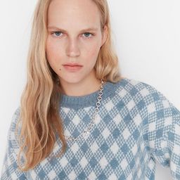 Trendyol Women Blue & White Checked Pullover-picture-27