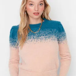 Trendyol Women Teal & Beige Colourblocked Pullover-image-2