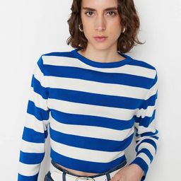 Trendyol Women Blue & White Striped Crop Pullover-picture-49