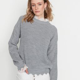 Trendyol Women Grey Lace Insert Pullover-image-11