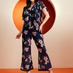 KASSUALLY Navy Blue & Pink Floral Printed Ruffles Basic Jumpsuit-image-49