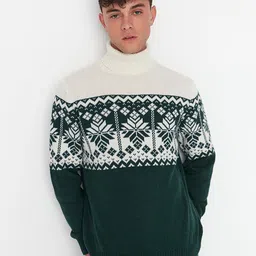 Trendyol Men Green & Off White Floral Printed Pullover-image-9
