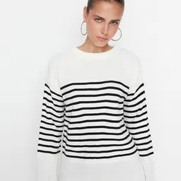 Trendyol Women Off White & Black Striped Pullover Acrylic Sweater-image-99