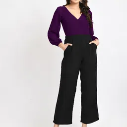 V&M V-Neck Puff Sleeves Pleated Basic Jumpsuit-image-77