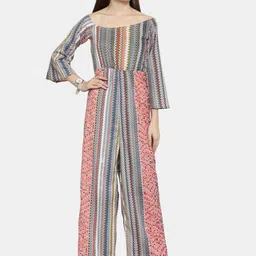 Enchanted Drapes Blue & Grey Off-Shoulder Printed Basic Jumpsuit-10