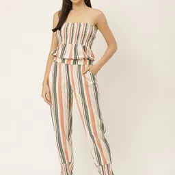 Belle Fille Women Off-White & Peach-Coloured Cotton Striped Basic Strapless Jumpsuit-picture-4