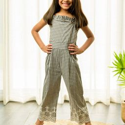 Fairies Forever Girls Checked Embroidered Cotton Basic Jumpsuit-49