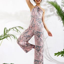 KASSUALLY Pink & Grey Halter Neck Ethnic Motifs Printed Basic Jumpsuit-image-93