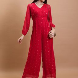 Tokyo Talkies Red Puffed Sleeves Embellished Basic Jumpsuit-image-65