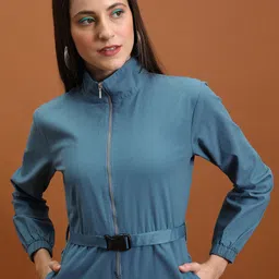Tokyo Talkies Blue Mock Collar Cotton Basic Jumpsuit With Belt-picture-5