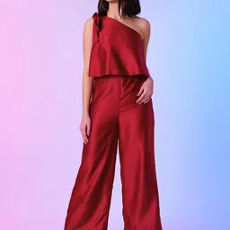 Globus Maroon One Shoulder Tie Up Party Jumpsuit-image-85