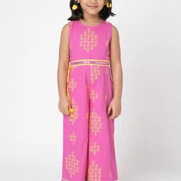 LIL DRAMA Girls Pink & Yellow Printed Basic Jumpsuit with Embroidered-image-68
