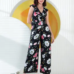 KASSUALLY Black And Pink Floral Printed Ruffled Sleeveless Pure Cotton Basic Jumpsuit-1