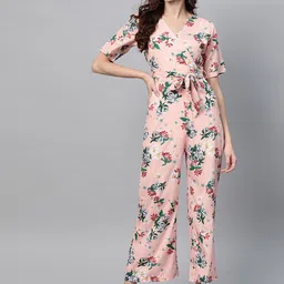 Zima Leto Women Pink & Green Floral Printed Basic Jumpsuit-image-100