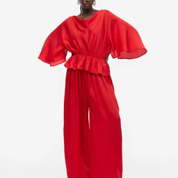 H&M Women Cherry Red Crepe-Weave Jumpsuit-48