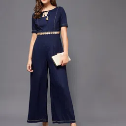Miss Chase Navy Blue & Gold-Toned Solid Basic Jumpsuit-28