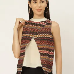 Belle Fille Cream-Coloured & Brown Striped Layered Regular Top-picture-25