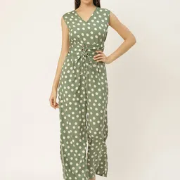 Belle Fille Women Green & Off-White Polka Dot Print Lace-Up Basic Jumpsuit-22