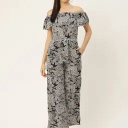 Belle Fille Women Black & White Leaf Print Cotton Basic Off-Shoulder Jumpsuit-23
