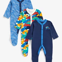 mothercare Infant Boys Blue Pack Of 3 Printed Pure Cotton Sleepsuits-picture-8