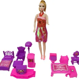 Complete Doll House Set New Design Kid's Doll House Bed Room Light Wardrobe Table Chair Television Dressing Table Lump For kids Pack Of 13 Pies (Pink)-42