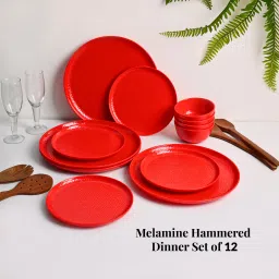 Pack of 12 Melamin Red Melamine Dinner Set of 12 Pcs - 4 Full & 4 Quarter Plates + 4 Soup Bowls Dinner Set-2