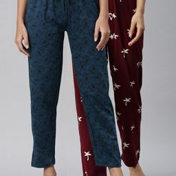 Kryptic Women Teal & Maroon Pack Of 2 Printed Pure Cotton Pyjamas-picture-4