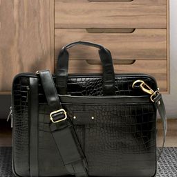 Teakwood Leathers Unisex Black Textured Leather Laptop Bag-58