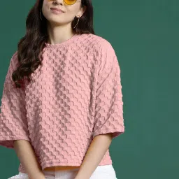 Women Self Design Round Neck Wool Blend Pink T-Shirt-image-36