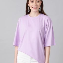 kotty Women Solid Round Neck Cotton Blend Purple T-Shirt-picture-8