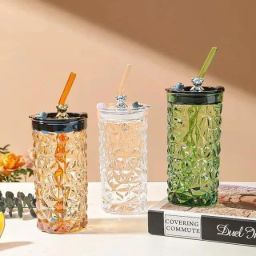 Sipper Glass Bottle with Lid and Straw - Diamond Cut For Smoothie, Juice, Coffee-image-56