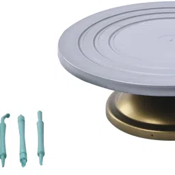 homestic Plastic 360° Smooth Rotating Cake Stand with 8 Fondant Sticks | Silver & Gold Silver Cake Server image 2